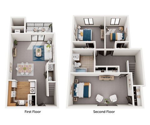 A diagram of a two-story apartment with labeled rooms.